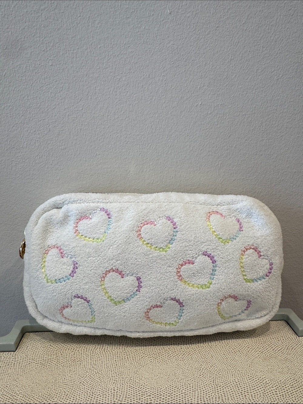 Stoney Clover Lane White Terry Pouch with Heart Embroidery